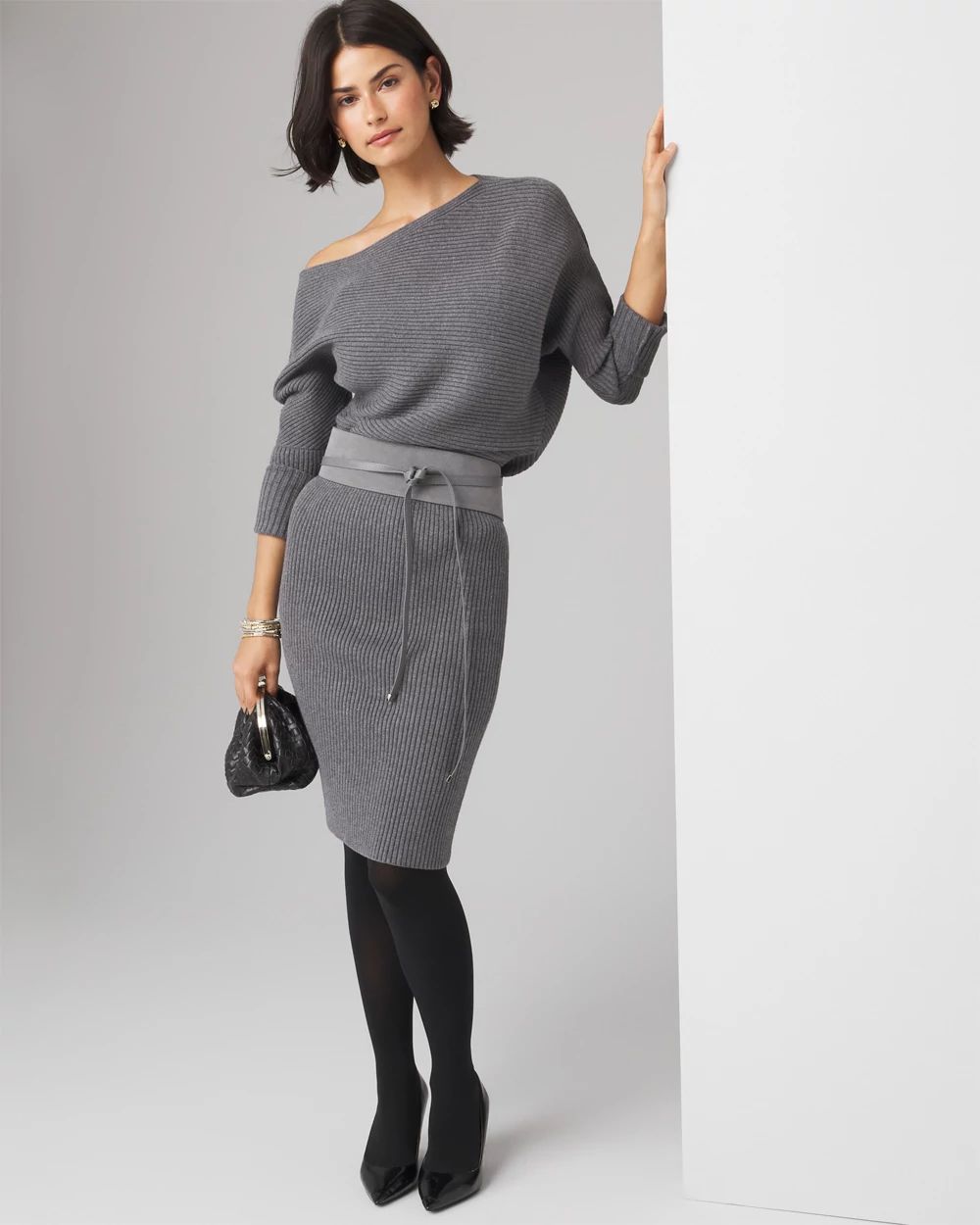 Women s Petite Off Shoulder Ribbed Sweater Dress in Gray Size Small White House Black Market Party Dresses